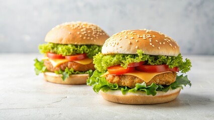 Two crispy chicken burgers placed on a clean and minimalist white background with a subtle texture