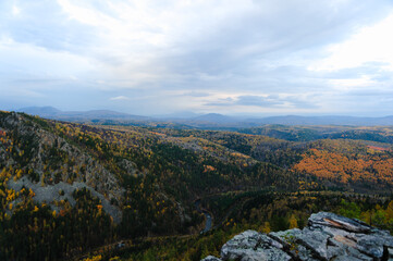 Hilly terrain in autumn. Mountain landscape.