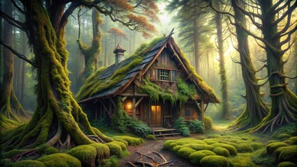 Ancient wooden cottage overgrown with vines and moss, nestled among twisted tree trunks in a mystical forest setting, wilderness, rustic charm