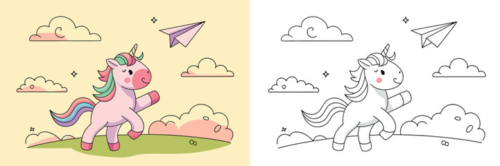 Obraz premium Cute unicorn playing with a paper airplane, coloring page.