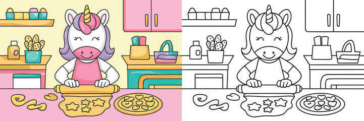 A delightful cartoon unicorn is depicted in a kitchen setting, rolling out dough for cookies.