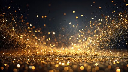 Dark abstract background with golden glitter particles scattered randomly across it, luxurious, modern