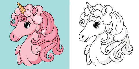 A cute, cartoon unicorn in a vibrant pink color, perfect for a coloring page or printable design.