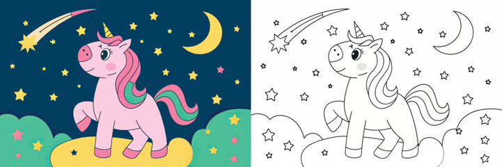 Cute Unicorn Coloring Page Under a Starry Night