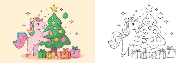 Cute Unicorn Decorating a Christmas Tree, Perfect for Coloring Books