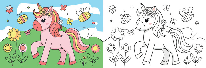 Cute Unicorn Coloring Page with Floral Accents