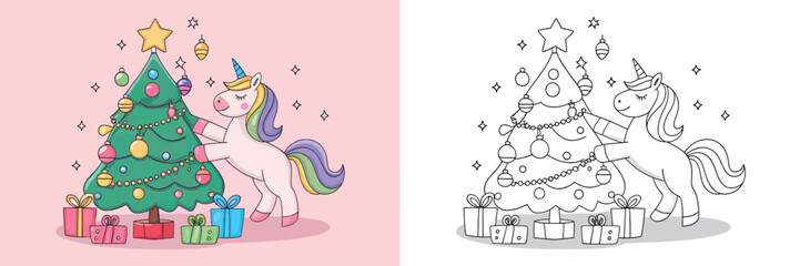 Cute Unicorn Decorating a Christmas Tree - Coloring Page