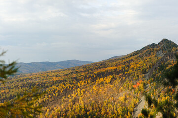 Hilly terrain in autumn. Mountain landscape.