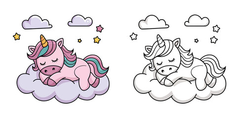 Cute Sleeping Unicorn Coloring Page Pair
