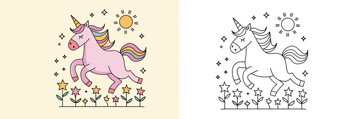 A whimsical illustration of a running unicorn in a field of flowers, featuring pastel pink colors and simple line art.