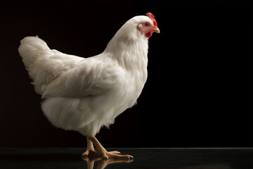 A white chicken on a black background.