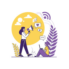 Woman with megaphone on screen mobile phone and young people surrounding her