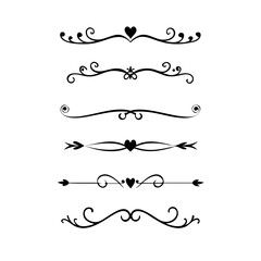 Obraz premium Text dividers doodle set. Wedding decorative elements. Divider ornament, borders, vintage line separators. Hand drawn vector illustration isolated on white background. Gold text dividers doodle set. 