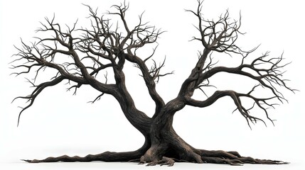 Beautiful old tree with branches and leaves, dead wood isolated on a white background. Dark fantasy, gothic, horror style