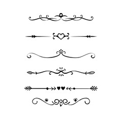  Text dividers doodle set. Wedding decorative elements. Divider ornament, borders, vintage line separators. Hand drawn vector illustration isolated on white background. Gold text dividers doodle set. 