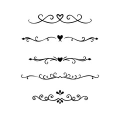  Text dividers doodle set. Wedding decorative elements. Divider ornament, borders, vintage line separators. Hand drawn vector illustration isolated on white background. Gold text dividers doodle set. 