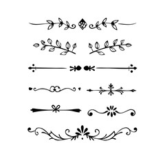  Text dividers doodle set. Wedding decorative elements. Divider ornament, borders, vintage line separators. Hand drawn vector illustration isolated on white background. Gold text dividers doodle set. 