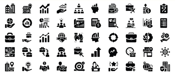 Set of business and finance icons representing strategy growth planning and analysis