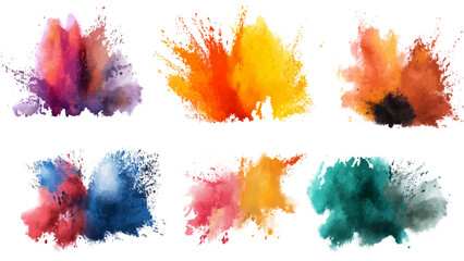 Vibrant colorful abstract paint explosion, element set on transparent background, Color Powder Explosion Collection Set Isolated on Transparent or White Background, Set