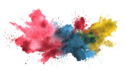 Colorful watercolor splash with vibrant hues and drops on a clean white background, Vibrant watercolor splash in a blend of colors, ideal for backgrounds, art projects, and creative designs.