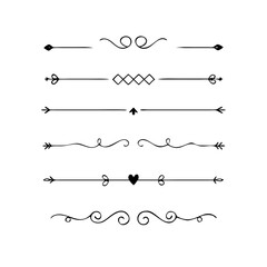 Fototapeta premium Text dividers doodle set. Wedding decorative elements. Divider ornament, borders, vintage line separators. Hand drawn vector illustration isolated on white background. Gold text dividers doodle set. 