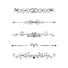 Text dividers doodle set. Wedding decorative elements. Divider ornament, borders, vintage line separators. Hand drawn vector illustration isolated on white background. Gold text dividers doodle set. 