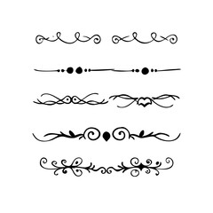  Text dividers doodle set. Wedding decorative elements. Divider ornament, borders, vintage line separators. Hand drawn vector illustration isolated on white background. Gold text dividers doodle set. 