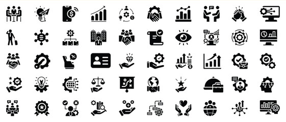 Collection of business and financial icons representing growth innovation and teamwork success