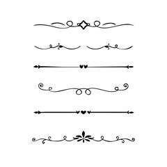 Fototapeta premium Text dividers doodle set. Wedding decorative elements. Divider ornament, borders, vintage line separators. Hand drawn vector illustration isolated on white background. Gold text dividers doodle set. 