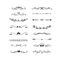  Text dividers doodle set. Wedding decorative elements. Divider ornament, borders, vintage line separators. Hand drawn vector illustration isolated on white background. Gold text dividers doodle set. 