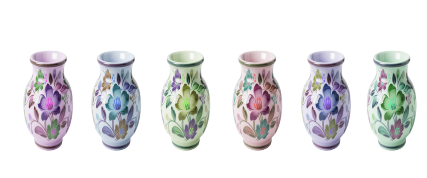 set of Vase with floral design ceramic decorative object elegant flower pattern home decor ornament classic style isolated on white background PNG transparent png isolate on white background Download.