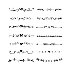 Obraz premium Text dividers doodle set. Wedding decorative elements. Divider ornament, borders, vintage line separators. Hand drawn vector illustration isolated on white background. Gold text dividers doodle set. 