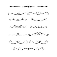 Obraz premium Text dividers doodle set. Wedding decorative elements. Divider ornament, borders, vintage line separators. Hand drawn vector illustration isolated on white background. Gold text dividers doodle set. 