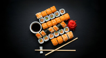 Colorful Assortment of Sushi Rolls with Soy Sauce and Rose Flower