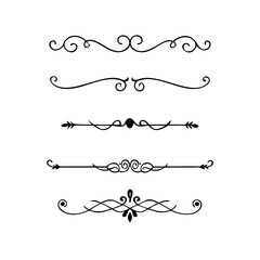 Obraz premium Text dividers doodle set. Wedding decorative elements. Divider ornament, borders, vintage line separators. Hand drawn vector illustration isolated on white background. Gold text dividers doodle set. 