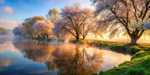 Fototapeta premium Gentle morning light illuminates the tranquil scene of budding trees standing tall along the winding river bank with soft mist rising from the water, natural scenery, blossoms