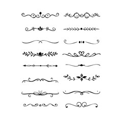  Text dividers doodle set. Wedding decorative elements. Divider ornament, borders, vintage line separators. Hand drawn vector illustration isolated on white background. Gold text dividers doodle set. 