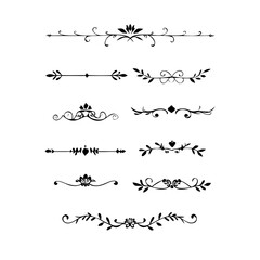 Obraz premium Text dividers doodle set. Wedding decorative elements. Divider ornament, borders, vintage line separators. Hand drawn vector illustration isolated on white background. Gold text dividers doodle set. 