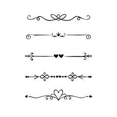 Text dividers doodle set. Wedding decorative elements. Divider ornament, borders, vintage line separators. Hand drawn vector illustration isolated on white background. Gold text dividers doodle set. 
