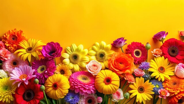Vibrant flowers of many different colors in full bloom against a bright yellow background, blooms, spring,  blooms, spring