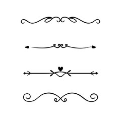 Text dividers doodle set. Wedding decorative elements. Divider ornament, borders, vintage line separators. Hand drawn vector illustration isolated on white background. Gold text dividers doodle set. 
