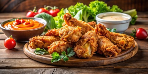 Fototapeta premium Crispy fried chicken wings with a golden brown coating on a wooden table, surrounded by fresh vegetables and a side of tangy dipping sauce, healthy eating, food on table