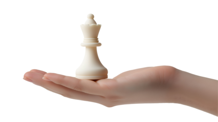 A hand with a chess piece isolated on a white background 