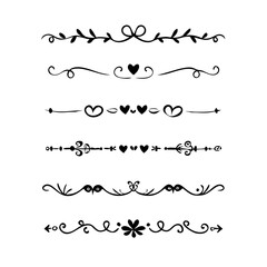 Obraz premium Text dividers doodle set. Wedding decorative elements. Divider ornament, borders, vintage line separators. Hand drawn vector illustration isolated on white background. Gold text dividers doodle set. 