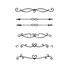 Fototapeta premium Text dividers doodle set. Wedding decorative elements. Divider ornament, borders, vintage line separators. Hand drawn vector illustration isolated on white background. Gold text dividers doodle set. 