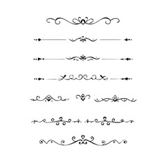 Obraz premium Text dividers doodle set. Wedding decorative elements. Divider ornament, borders, vintage line separators. Hand drawn vector illustration isolated on white background. Gold text dividers doodle set. 