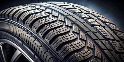 Fototapeta premium Close-up of tire sidewall with tread pattern, rubber texture and lug nuts, equipment details