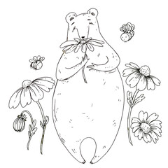 hand drawn bear outline illustration with a flower
