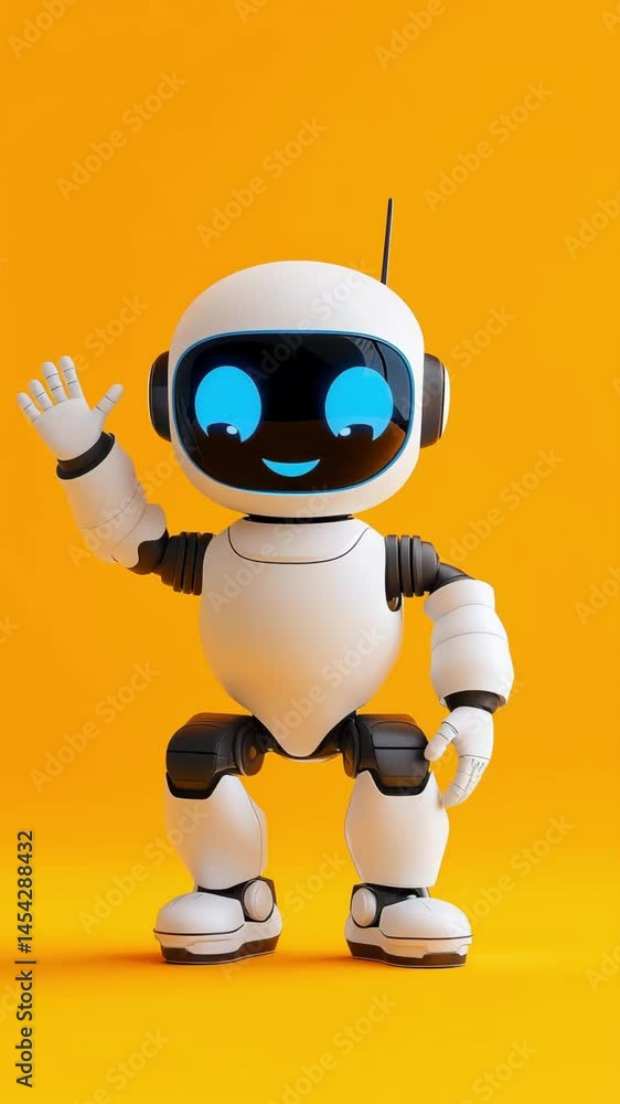 Aufkleber a friendly robot character waves hello while showcasing its playful demeanor against an orange backd
