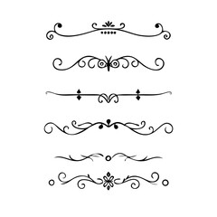 Obraz premium Text dividers doodle set. Wedding decorative elements. Divider ornament, borders, vintage line separators. Hand drawn vector illustration isolated on white background. Gold text dividers doodle set. 
